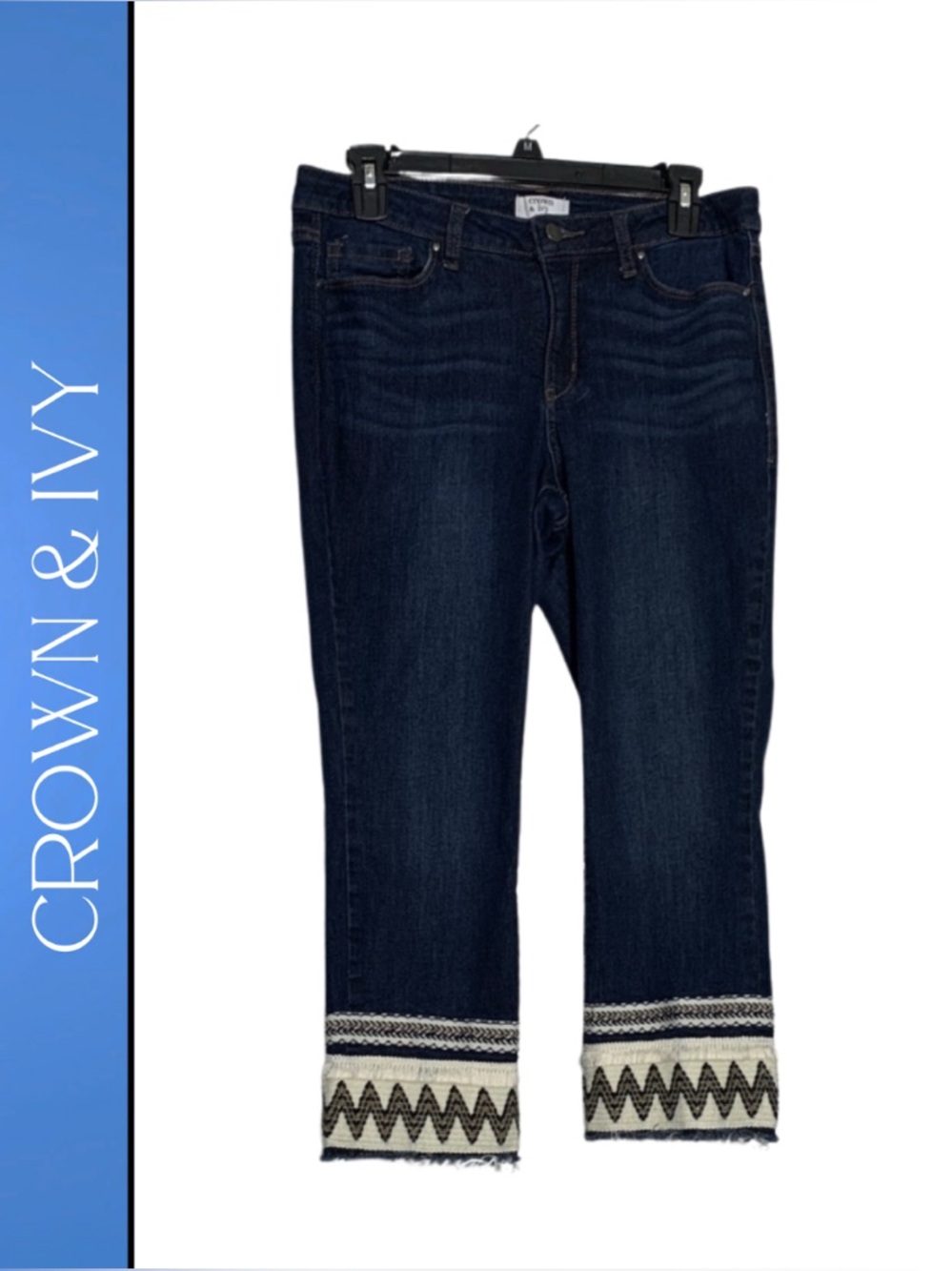 Crown & Ivy Dark Blue Cropped Jeans with Embroidered Frayed Hem 10P Boho